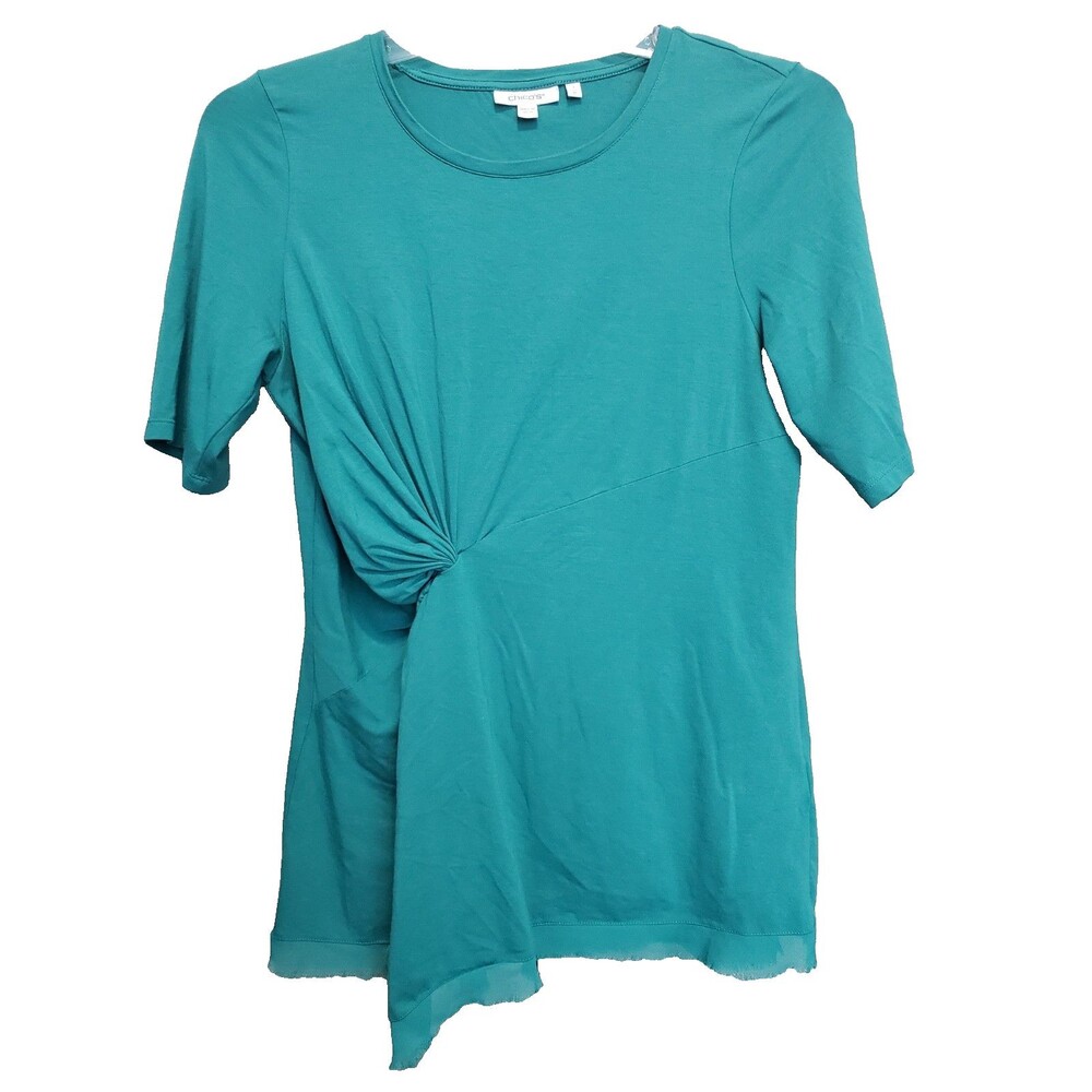 Chico's Touch of Cool Green Jersey Knit Twist Chiffon Hem Short Sleeve Tunic 1 M